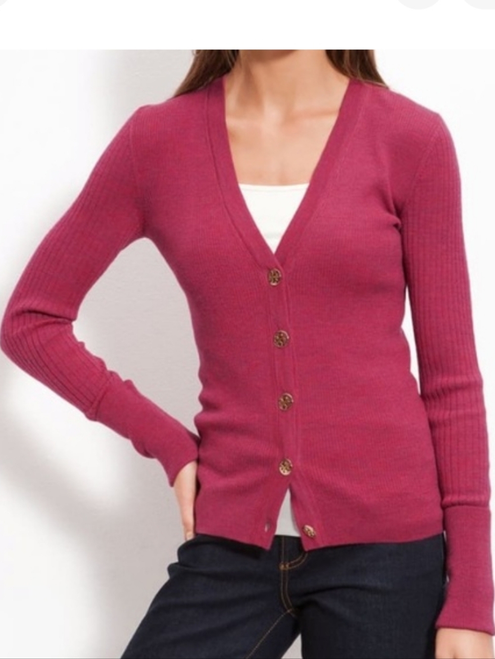Tory Burch Pink Ribbed V-Neck Cardigan Sweater Size Small